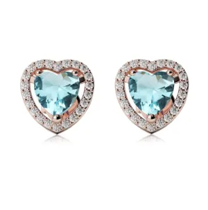 10k Rose Gold Plated 4 Ct Created Halo Heart Aquamarine Stud Earrings