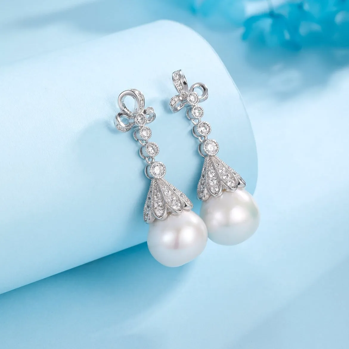 12-13mm Freshwater Pearl & Vintage Bowknot Drop Earrings