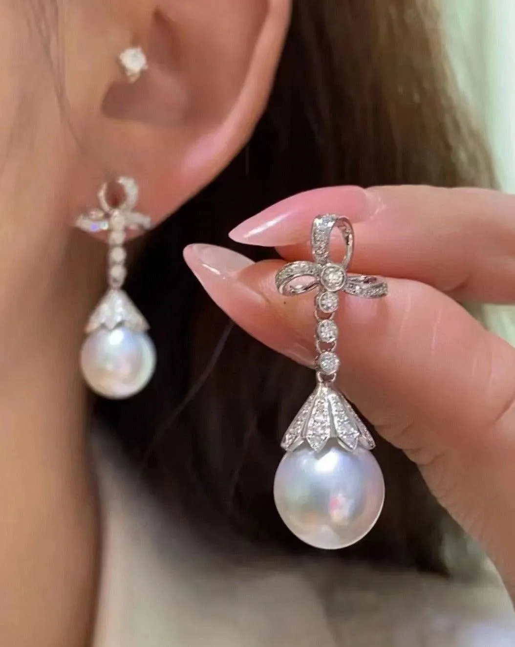 12-13mm Freshwater Pearl & Vintage Bowknot Drop Earrings