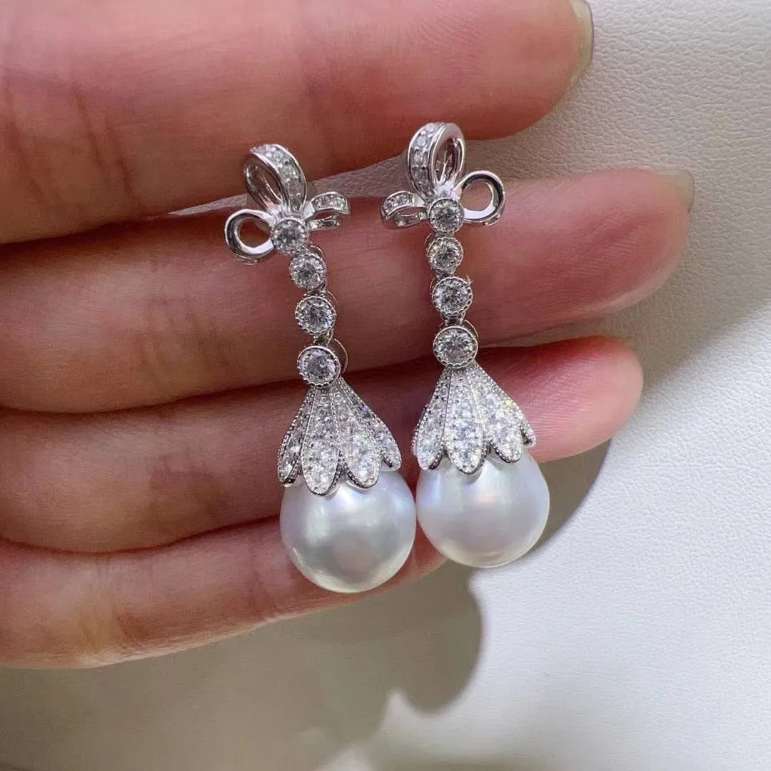 12-13mm Freshwater Pearl & Vintage Bowknot Drop Earrings