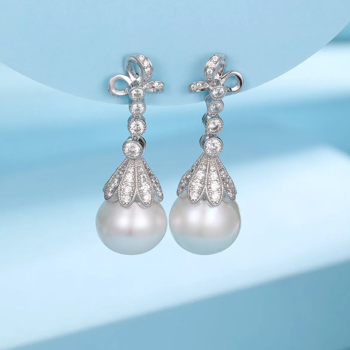 12-13mm Freshwater Pearl & Vintage Bowknot Drop Earrings