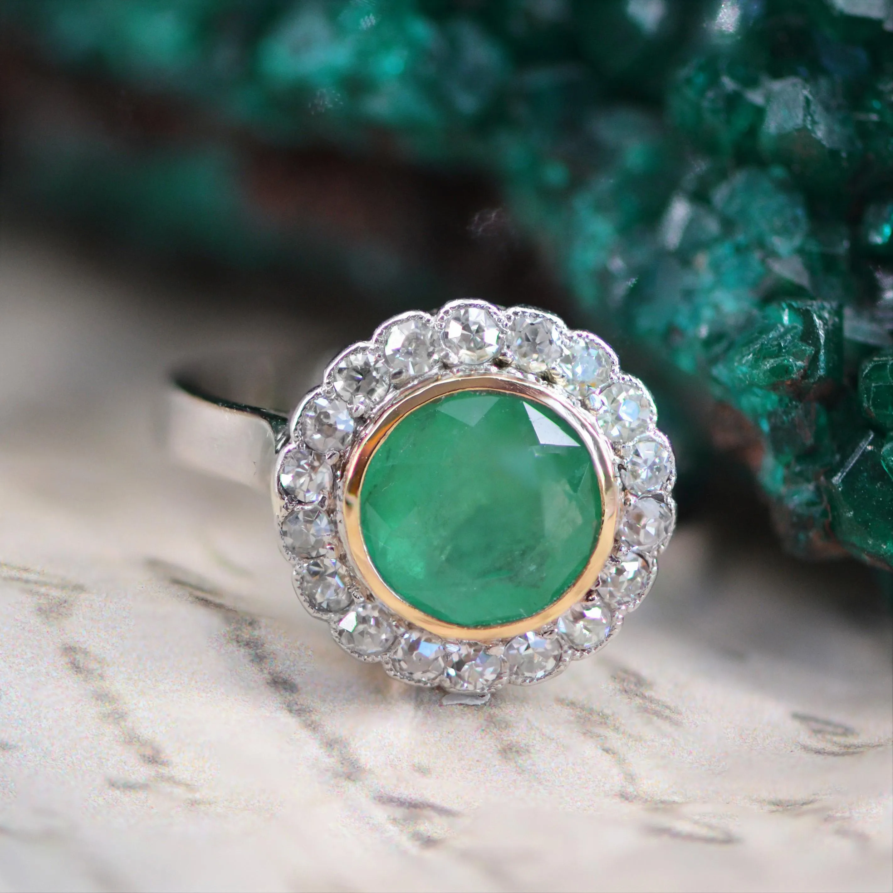 1920s Emerald Diamonds Platinum 18 Karat Yellow Gold Round Ring