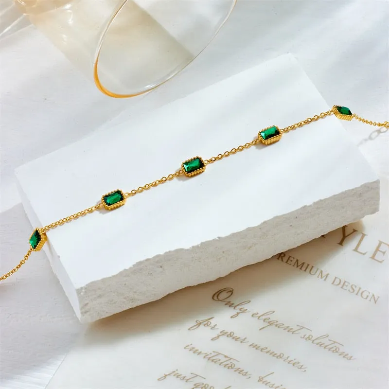 316L Stainless Steel Square Green Zircon Crystal Charm Bracelet For Women