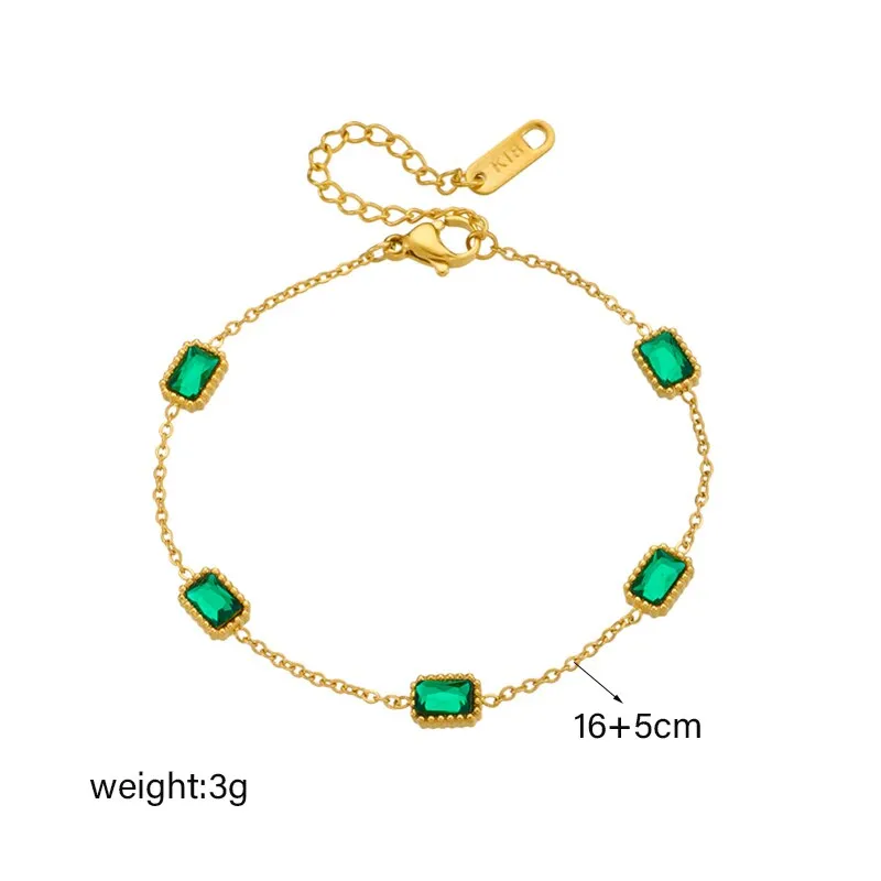 316L Stainless Steel Square Green Zircon Crystal Charm Bracelet For Women