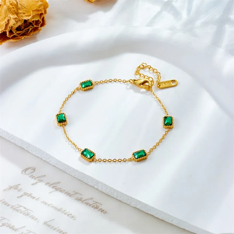 316L Stainless Steel Square Green Zircon Crystal Charm Bracelet For Women