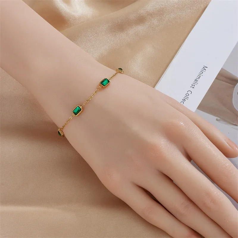 316L Stainless Steel Square Green Zircon Crystal Charm Bracelet For Women