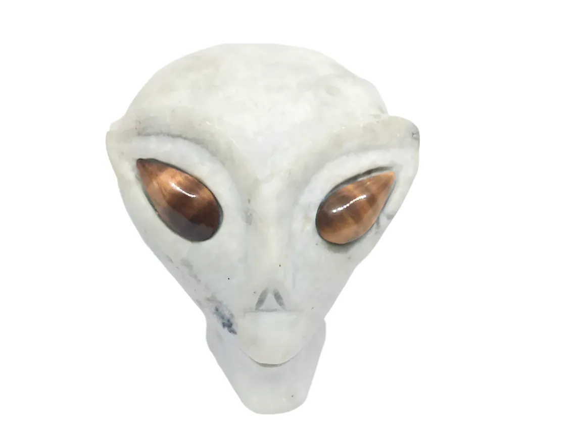551G White Jade Crystal Alien Head with Tiger Eye Eyes