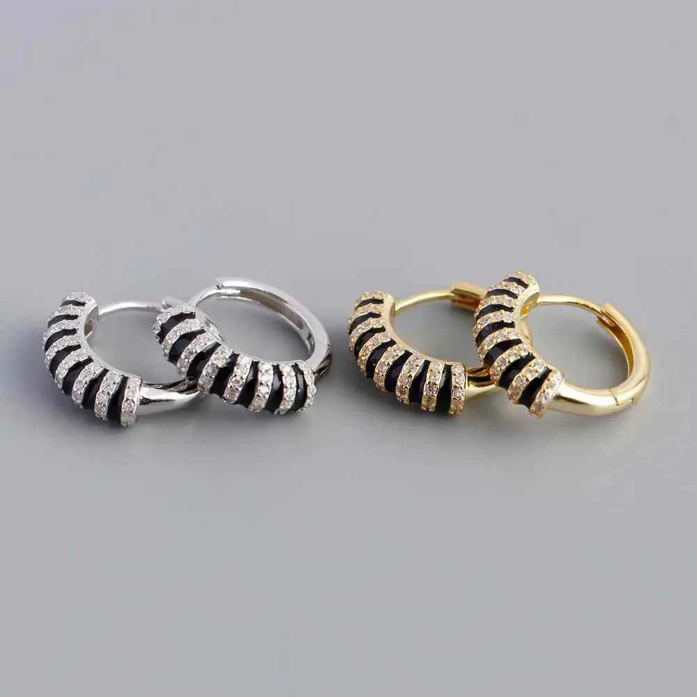 925 Sterling Silver Hoop Earrings Charm Jewelry - Black Enamel inlaid Zircon - MD396