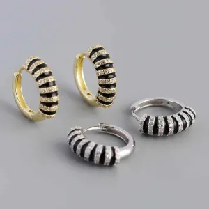 925 Sterling Silver Hoop Earrings Charm Jewelry - Black Enamel inlaid Zircon - MD396