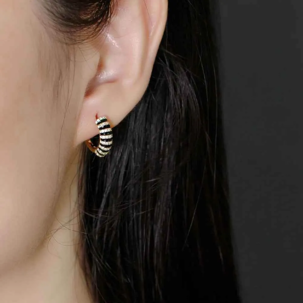 925 Sterling Silver Hoop Earrings Charm Jewelry - Black Enamel inlaid Zircon - MD396