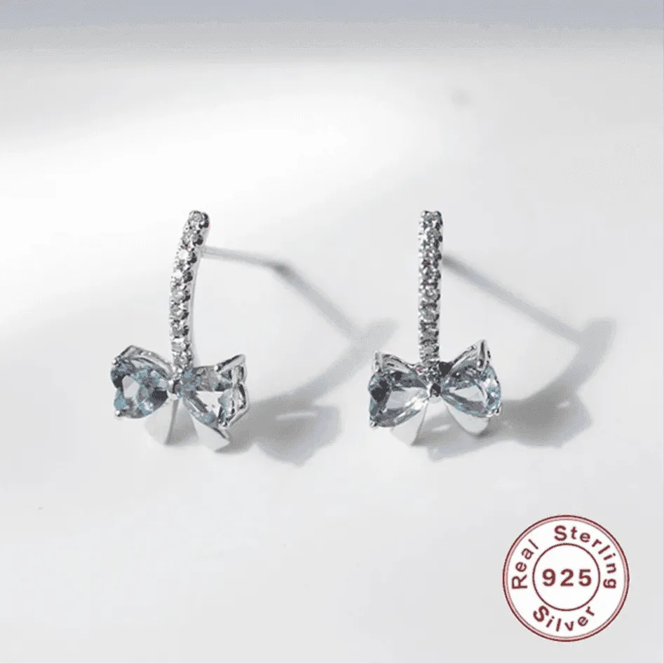 925 Sterling Silver Stud Earrings Charm Jewelry - Ocean Blue Bowknot - Xm375