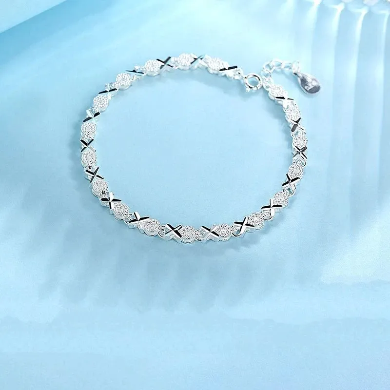 .925 Sterling Silver X Zircon Cross Charm Bracelet