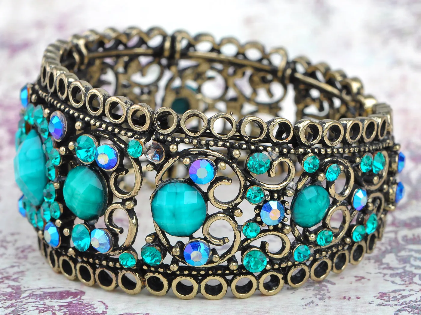Antique Inspire Brass Zircon Capri Blue Gem Cuff Bangle Bracelet