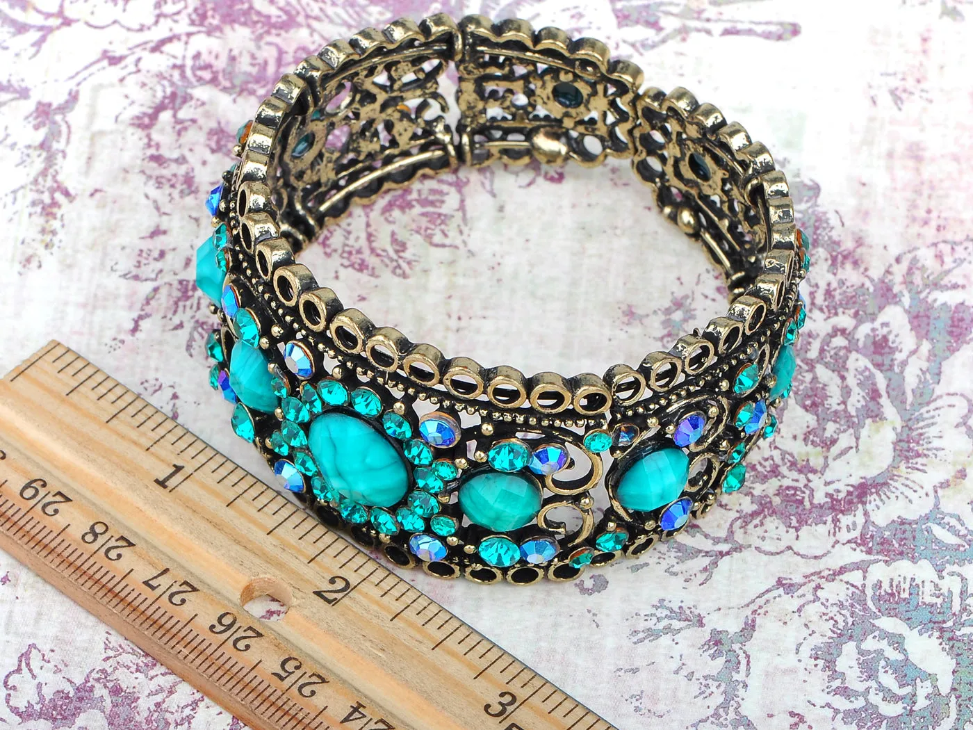 Antique Inspire Brass Zircon Capri Blue Gem Cuff Bangle Bracelet