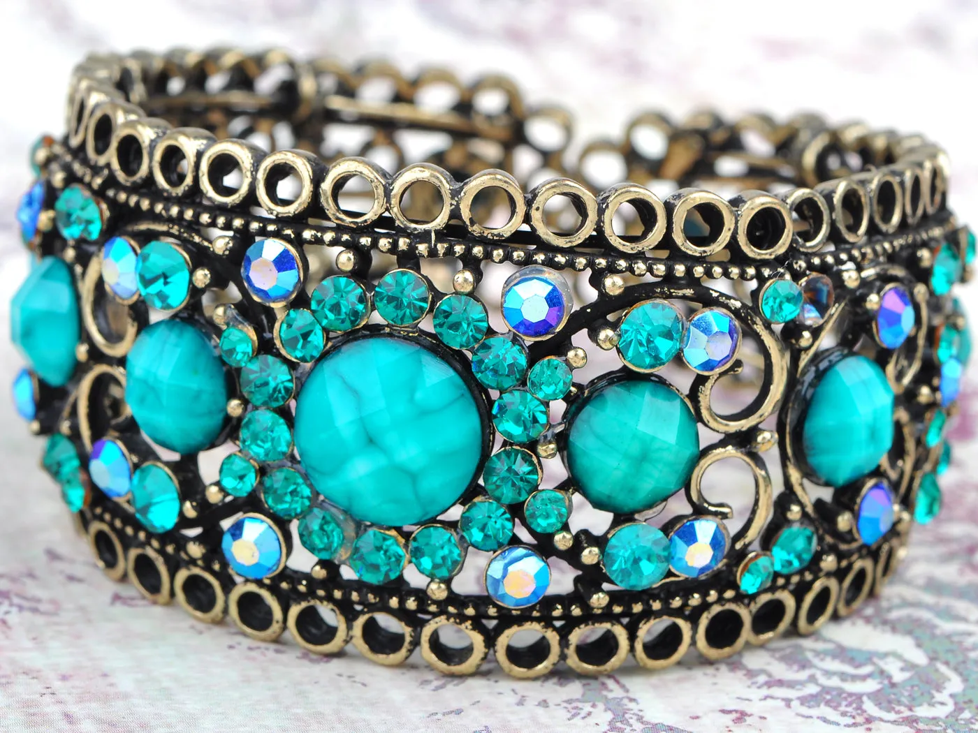 Antique Inspire Brass Zircon Capri Blue Gem Cuff Bangle Bracelet