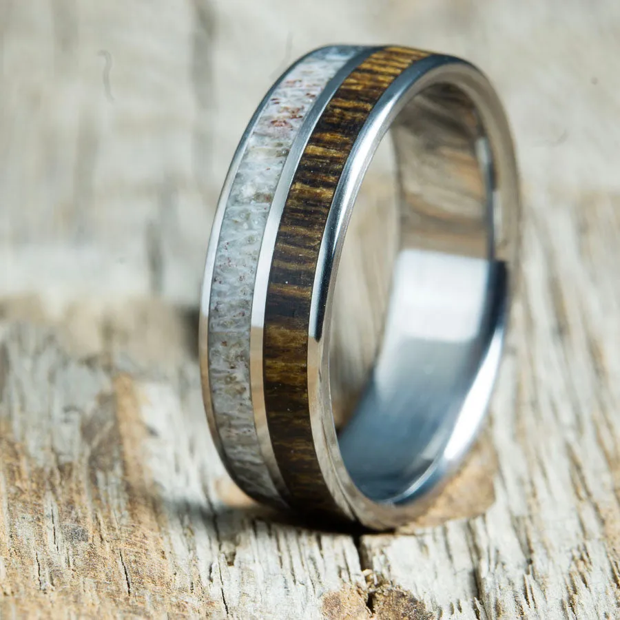 Antler and Bocote- Antler wedding band with bocote wood
