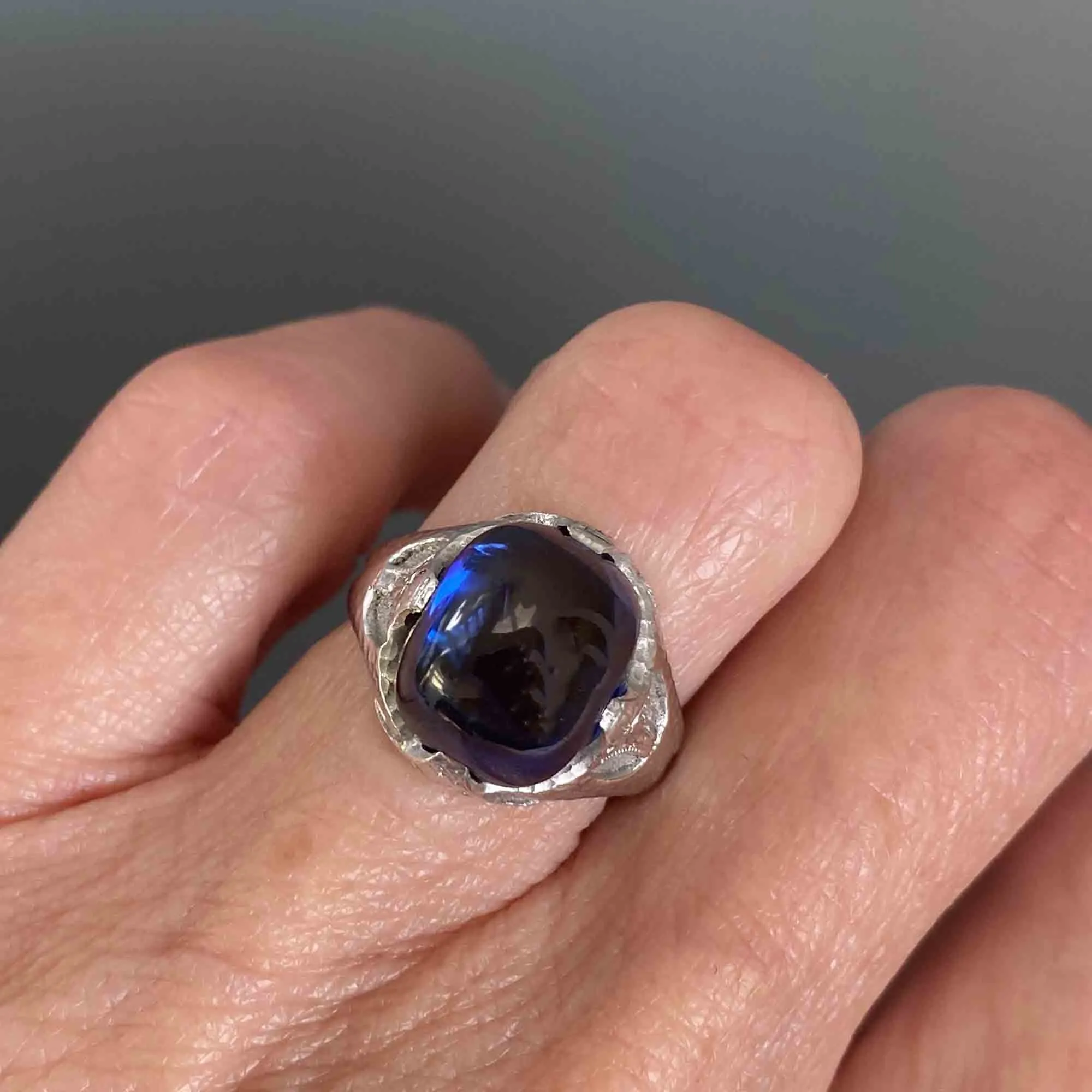 Art Deco Sugarloaf Cabochon Sapphire Ring 14K White Gold