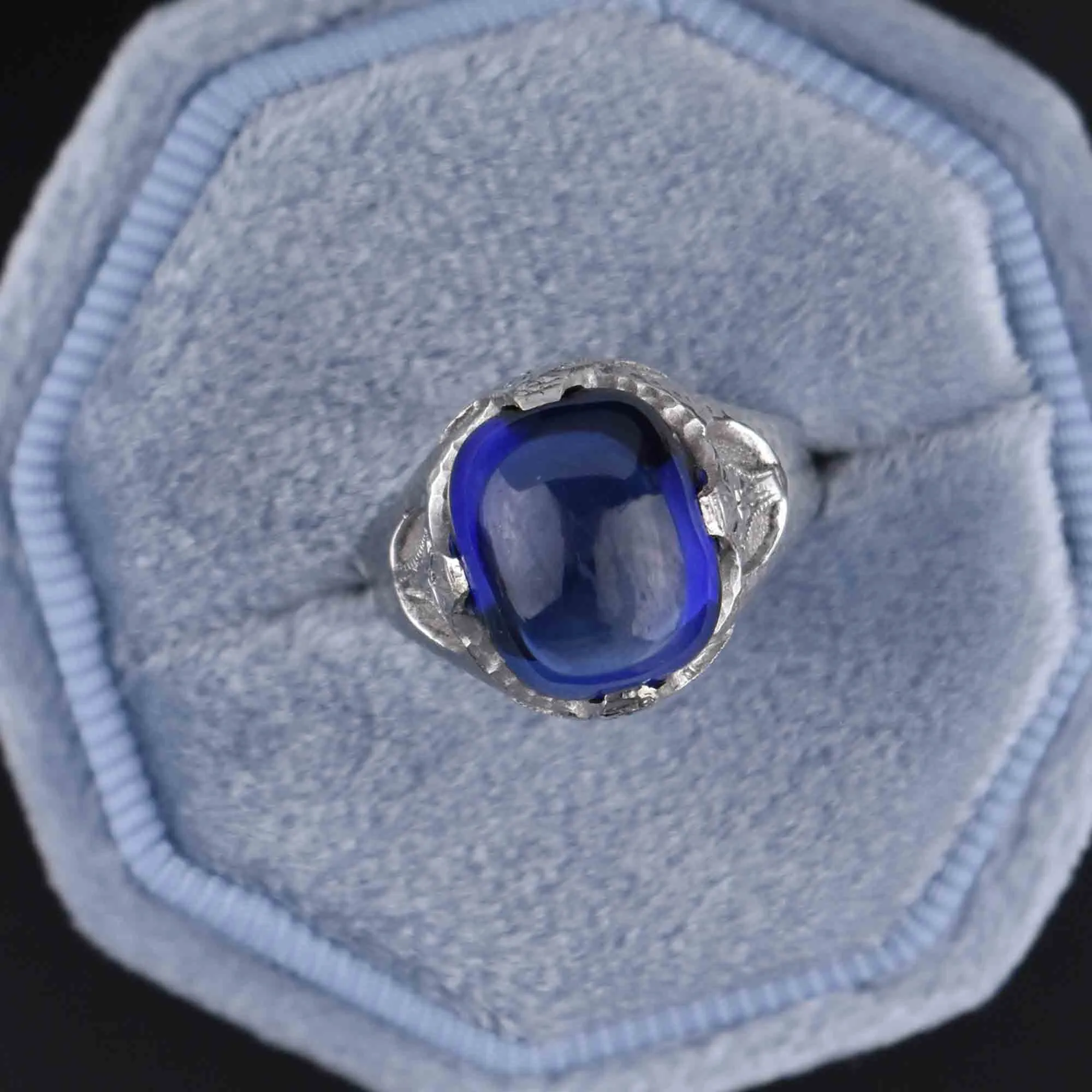 Art Deco Sugarloaf Cabochon Sapphire Ring 14K White Gold
