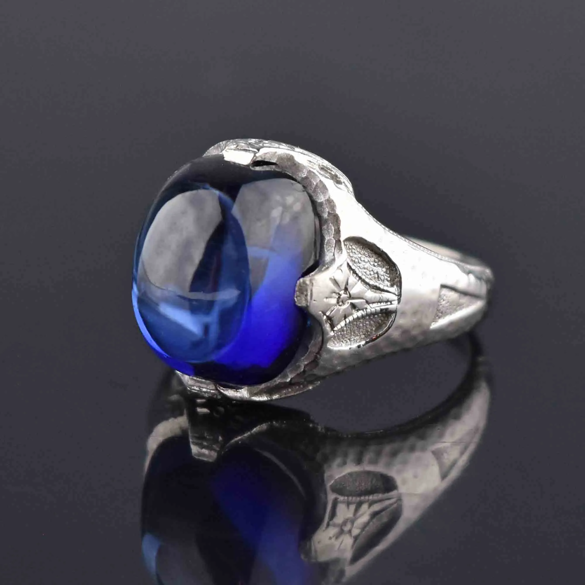 Art Deco Sugarloaf Cabochon Sapphire Ring 14K White Gold