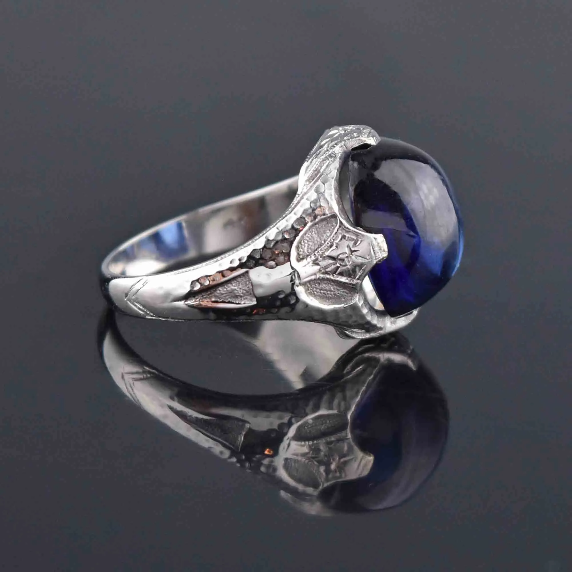 Art Deco Sugarloaf Cabochon Sapphire Ring 14K White Gold