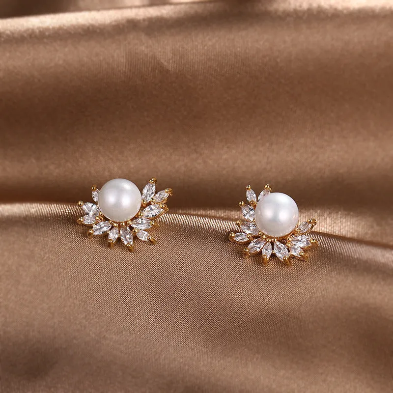 Classic Zircon Earrings With Pearl Bridal and Wedding Pearl Studs