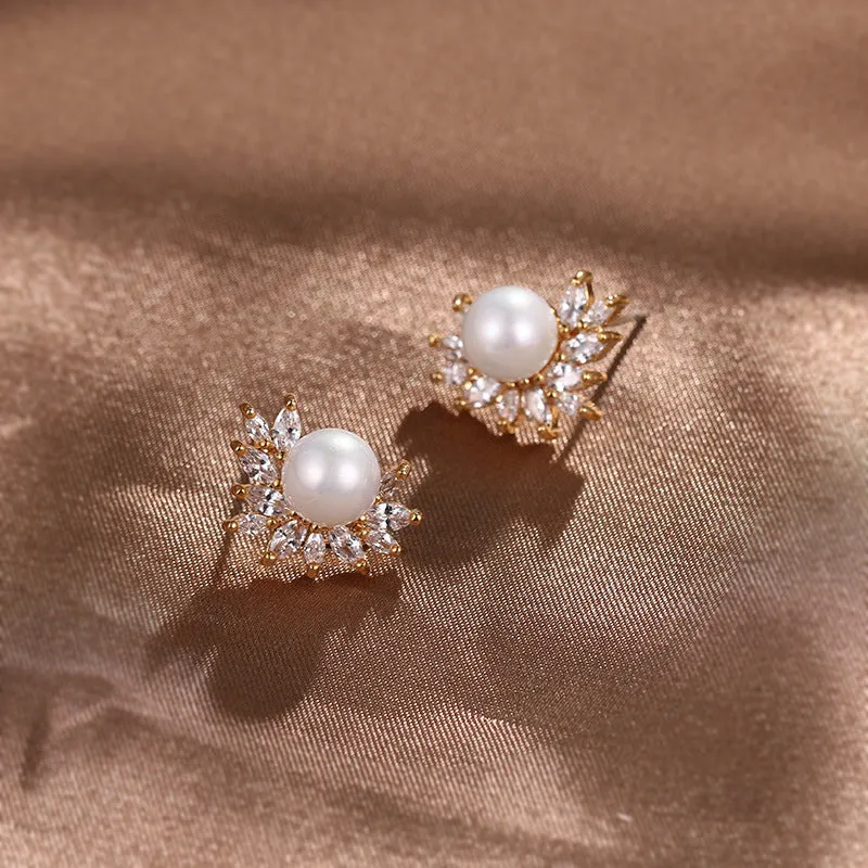 Classic Zircon Earrings With Pearl Bridal and Wedding Pearl Studs