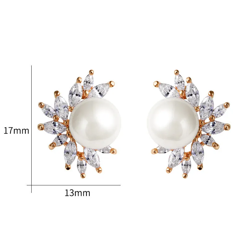 Classic Zircon Earrings With Pearl Bridal and Wedding Pearl Studs