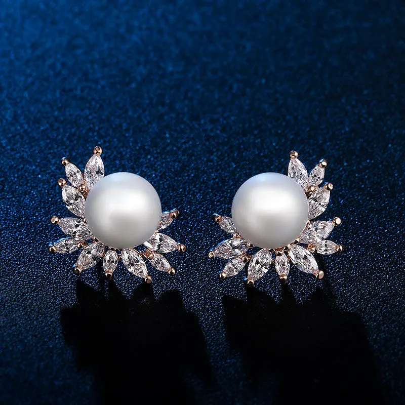 Classic Zircon Earrings With Pearl Bridal and Wedding Pearl Studs