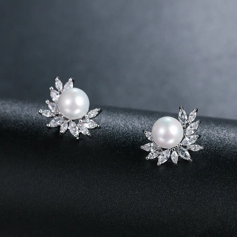 Classic Zircon Earrings With Pearl Bridal and Wedding Pearl Studs