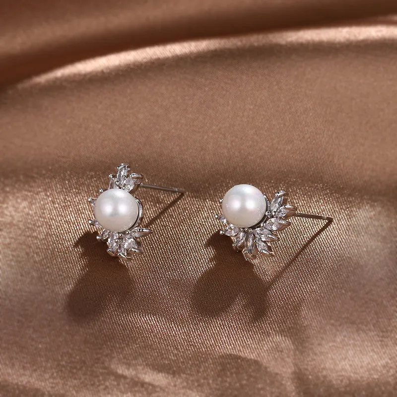 Classic Zircon Earrings With Pearl Bridal and Wedding Pearl Studs