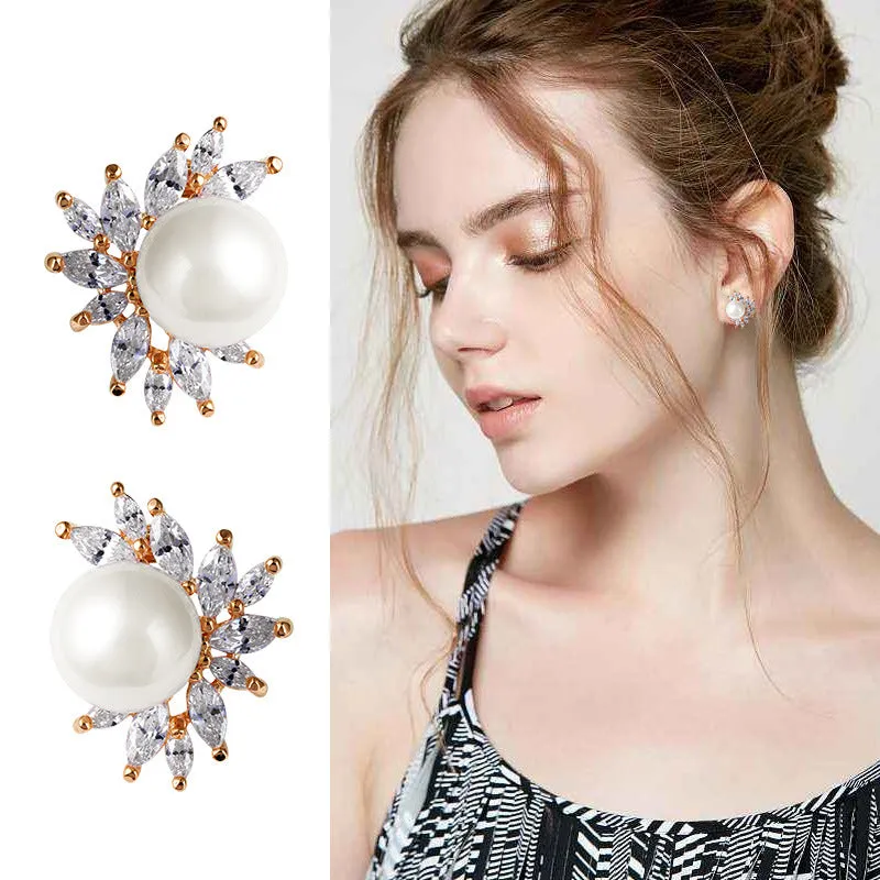 Classic Zircon Earrings With Pearl Bridal and Wedding Pearl Studs