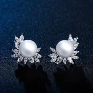 Classic Zircon Earrings With Pearl Bridal and Wedding Pearl Studs