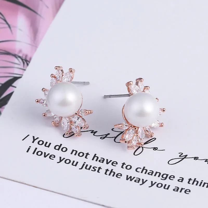 Classic Zircon Earrings With Pearl Bridal and Wedding Pearl Studs
