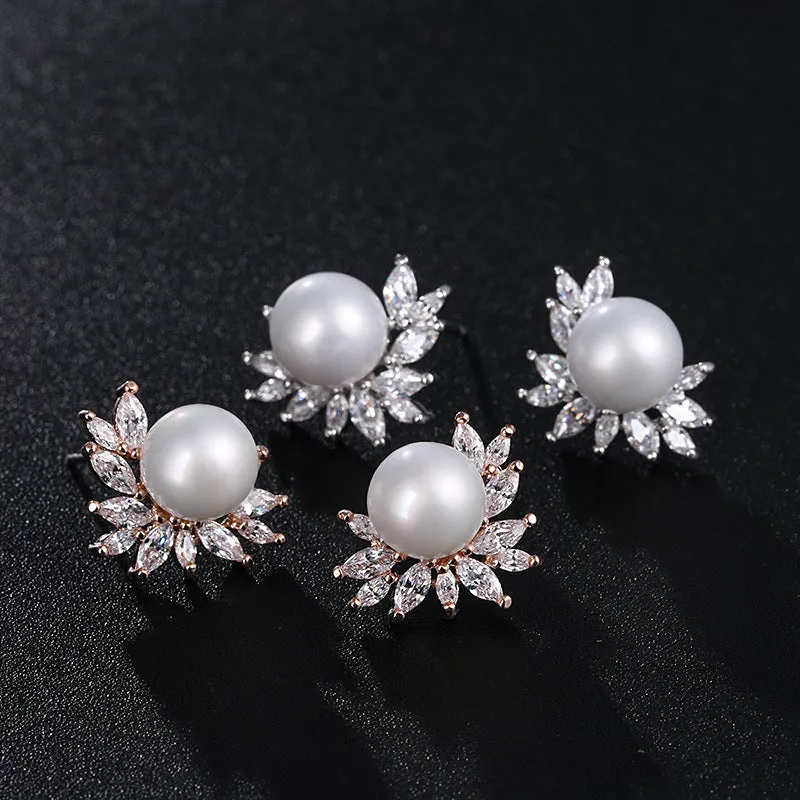 Classic Zircon Earrings With Pearl Bridal and Wedding Pearl Studs
