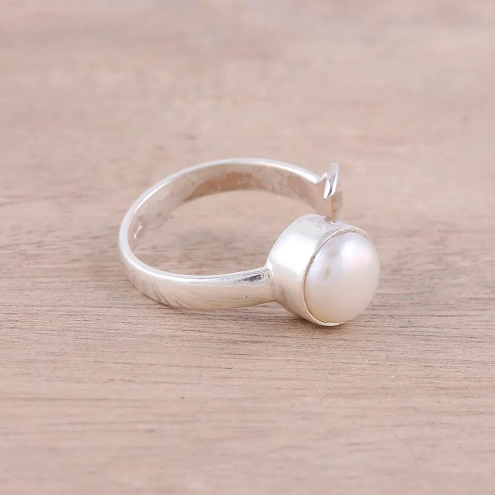 Cultured Pearl Crescent Wrap Ring from India - Gleaming Crescent | NOVICA