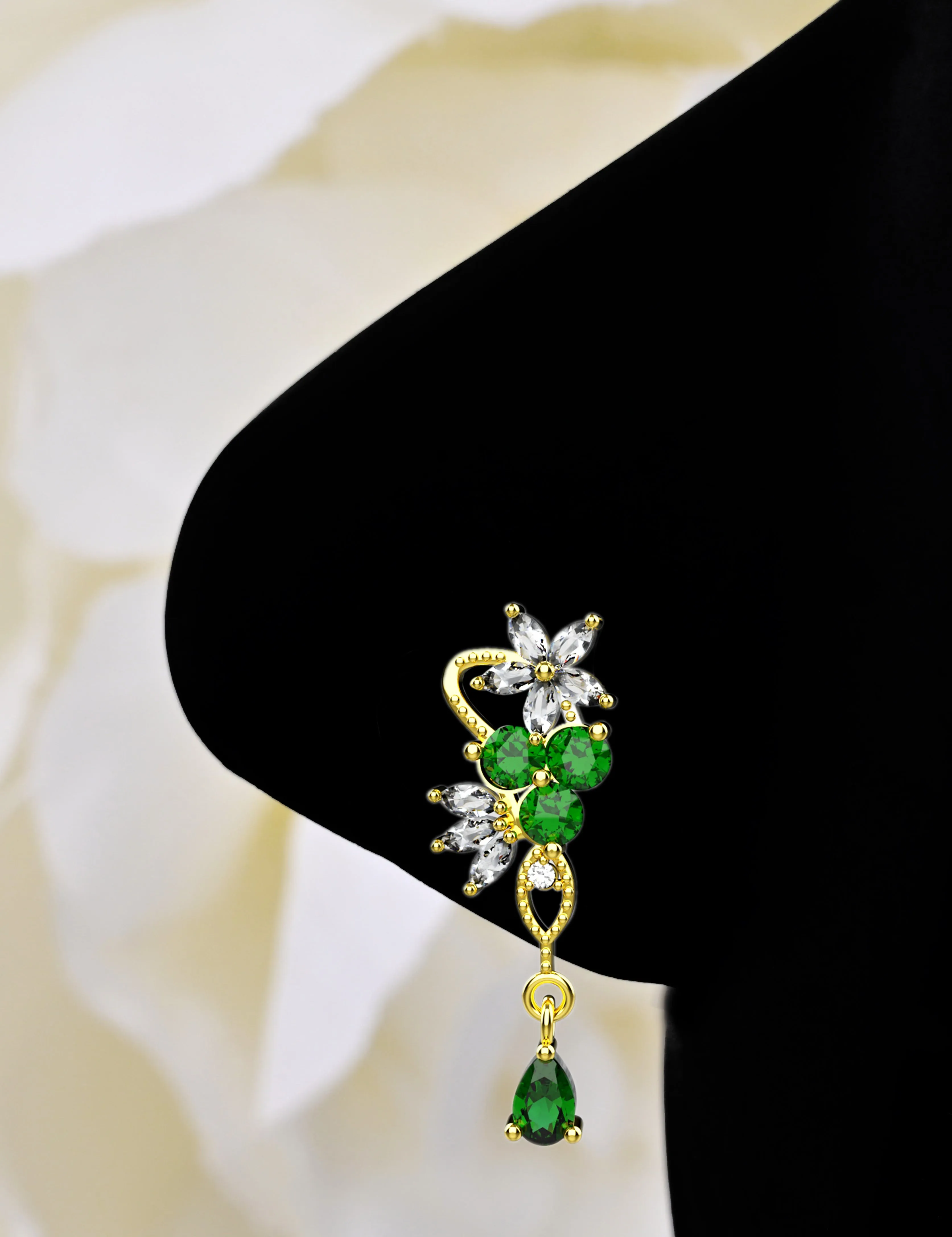 Dangle Nose Ring with Emerald Gemstone & Gold Nose Studs 20G Piercing Jewelry