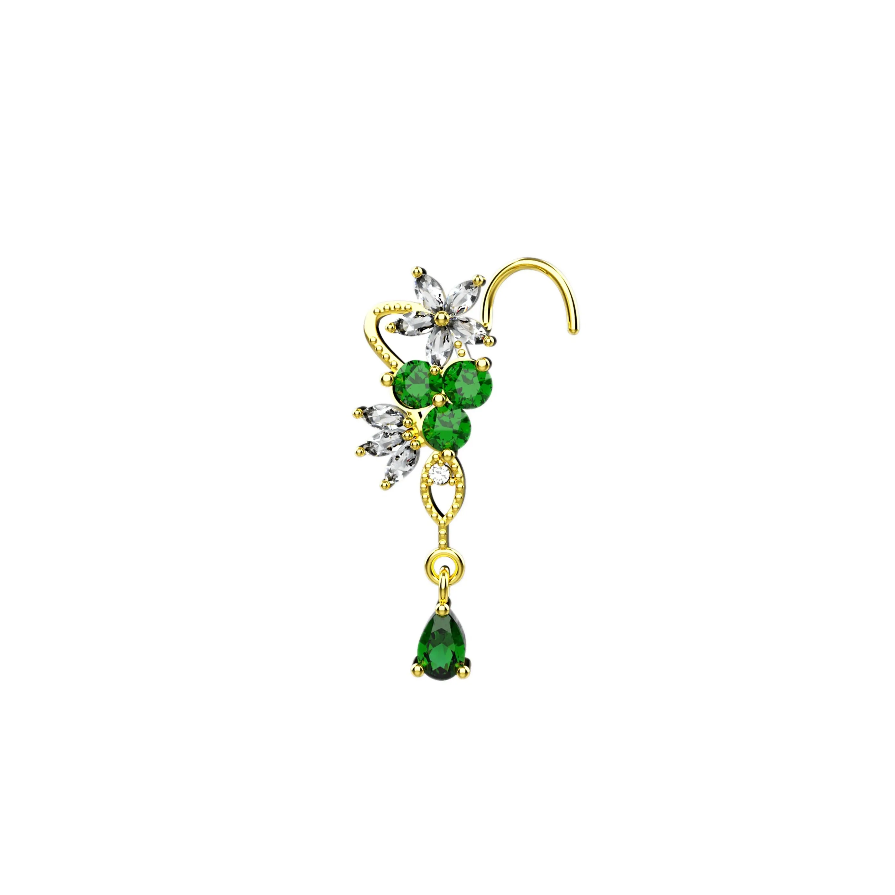Dangle Nose Ring with Emerald Gemstone & Gold Nose Studs 20G Piercing Jewelry