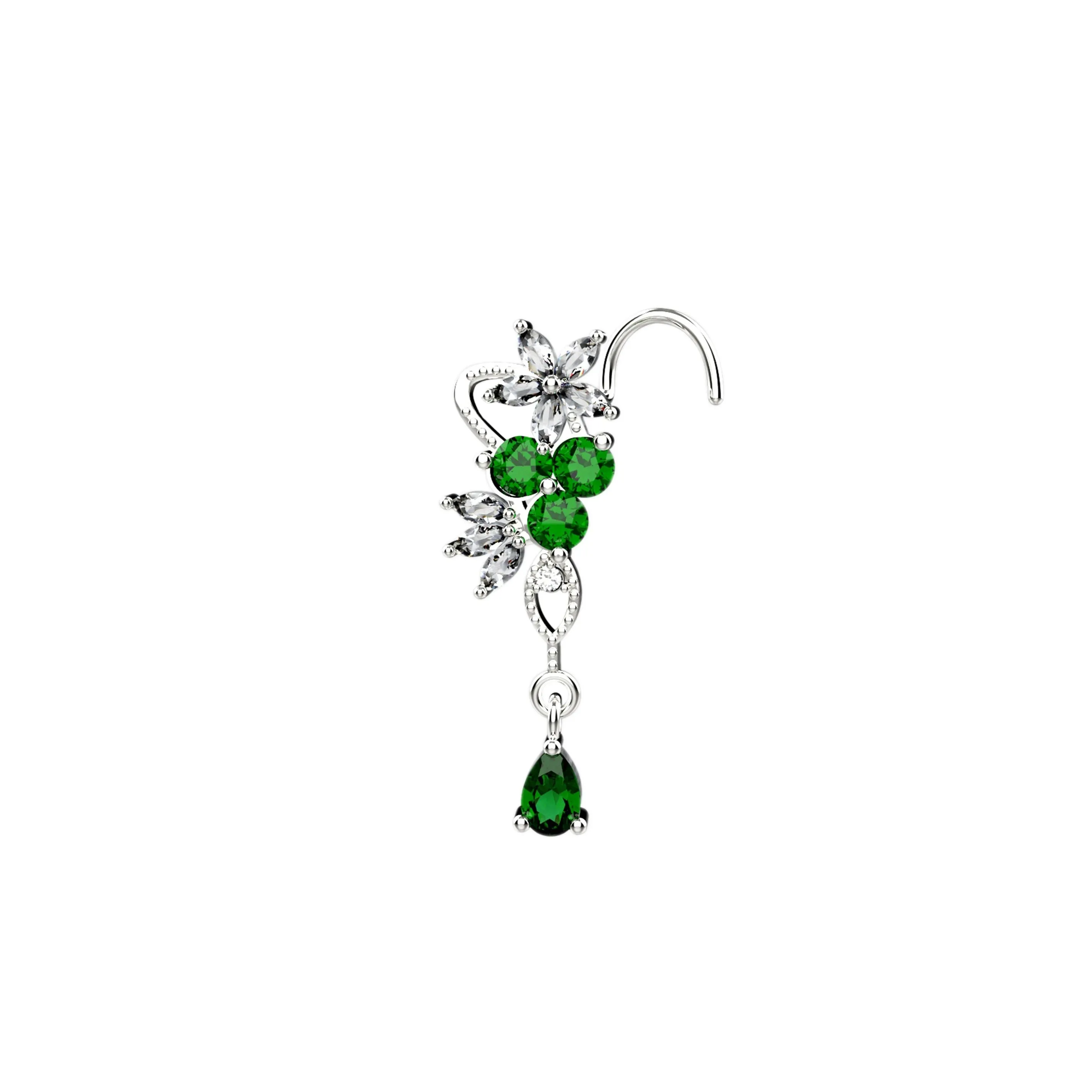Dangle Nose Ring with Emerald Gemstone & Gold Nose Studs 20G Piercing Jewelry