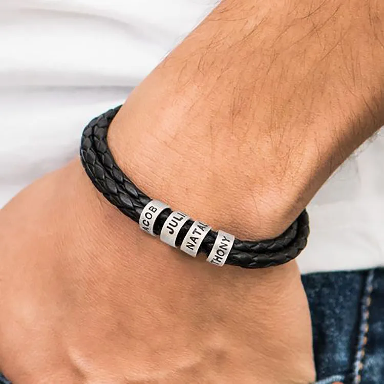 Engraved Titanium Beads Leather Bracelet [ Handsome Silver grey dude]