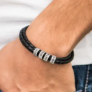 Engraved Titanium Beads Leather Bracelet [ Handsome Silver grey dude]