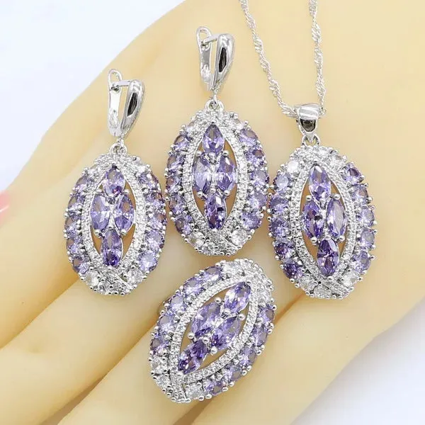 Geometric Purple  Zircon Silver Color Jewelry Sets for Women