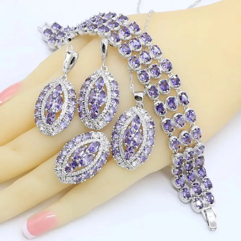 Geometric Purple  Zircon Silver Color Jewelry Sets for Women