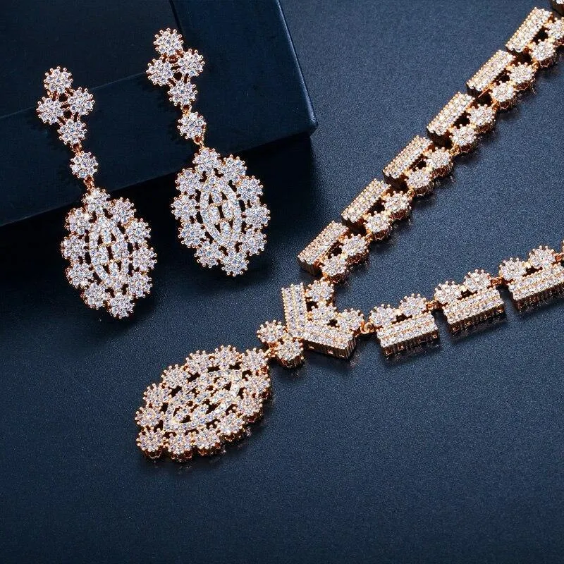 Glamorous AAA  Quality Cubic Zirconia Simulated Diamonds Bridal Wedding Necklace Earrings Jewelry Set