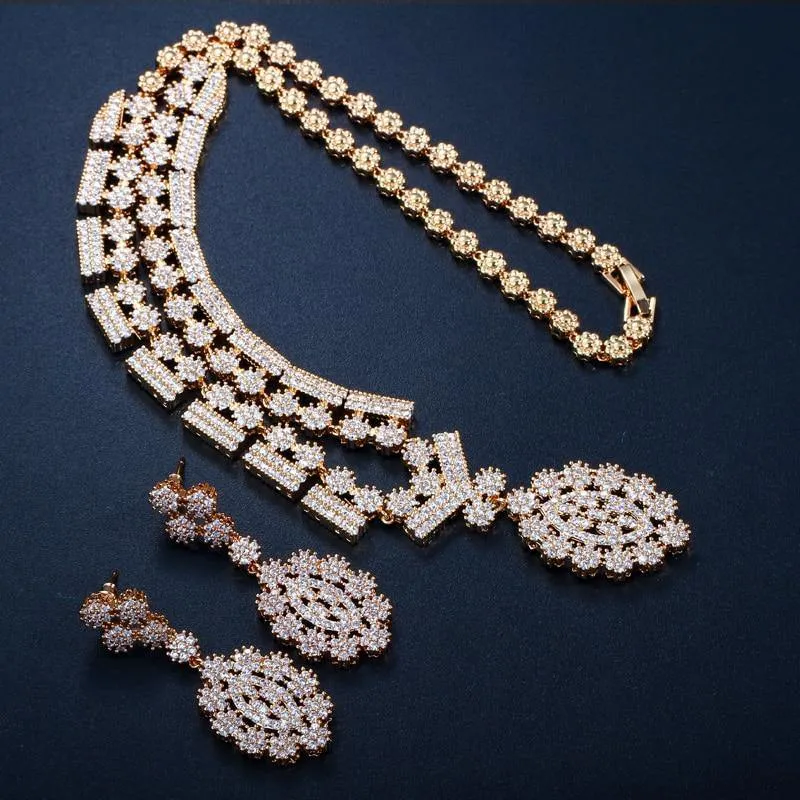 Glamorous AAA  Quality Cubic Zirconia Simulated Diamonds Bridal Wedding Necklace Earrings Jewelry Set