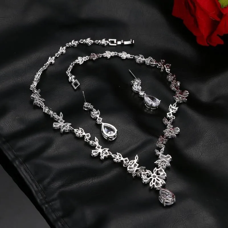 Gorgeous AAA  CZ Diamond Stones Flower Design Wedding Jewelry Set