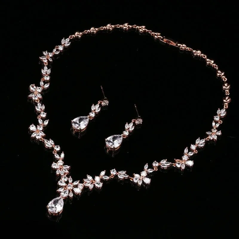 Gorgeous AAA  CZ Diamond Stones Flower Design Wedding Jewelry Set