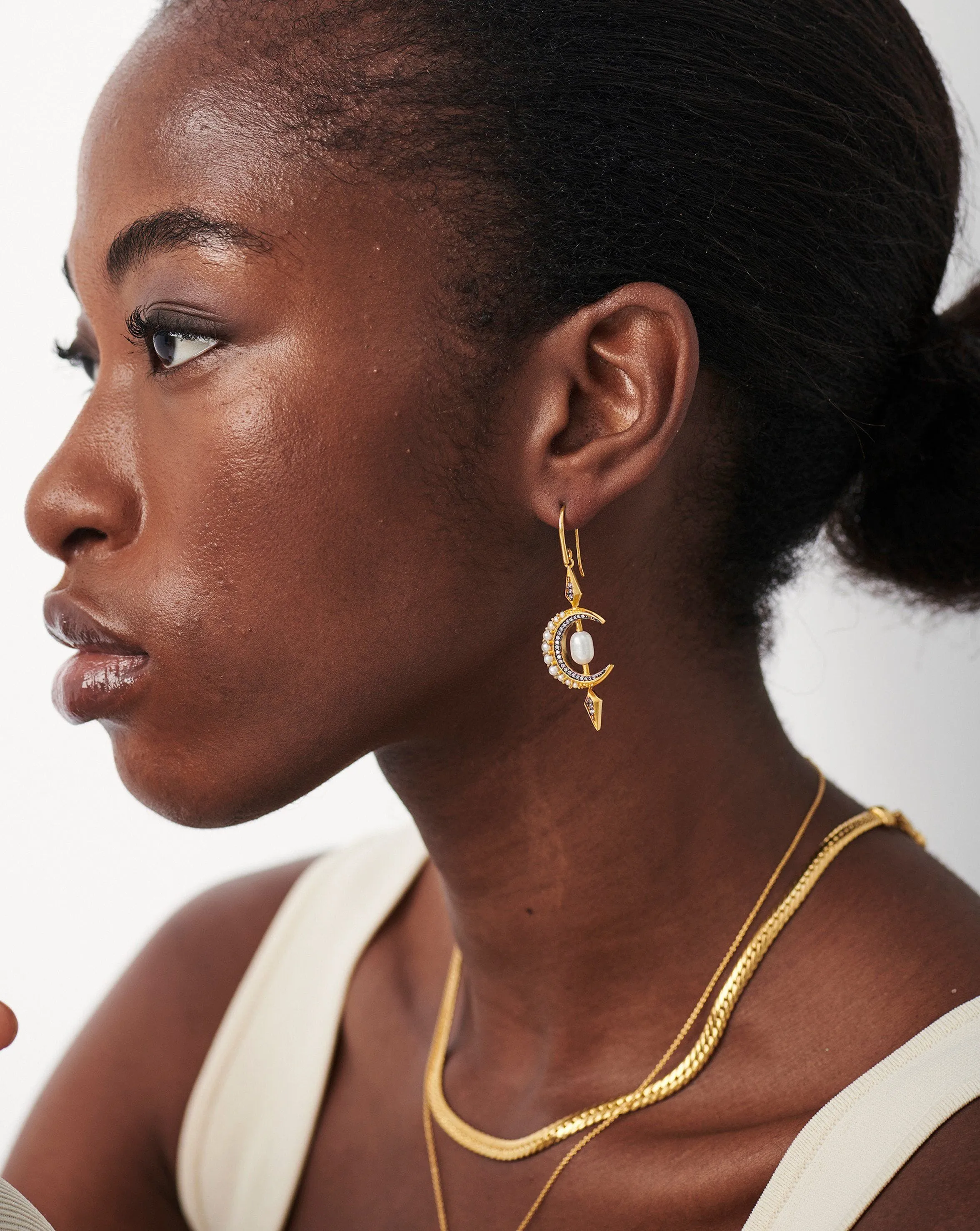 Harris Reed Crescent Moon Pearl Earrings | 18ct Gold Vermeil/Pearl