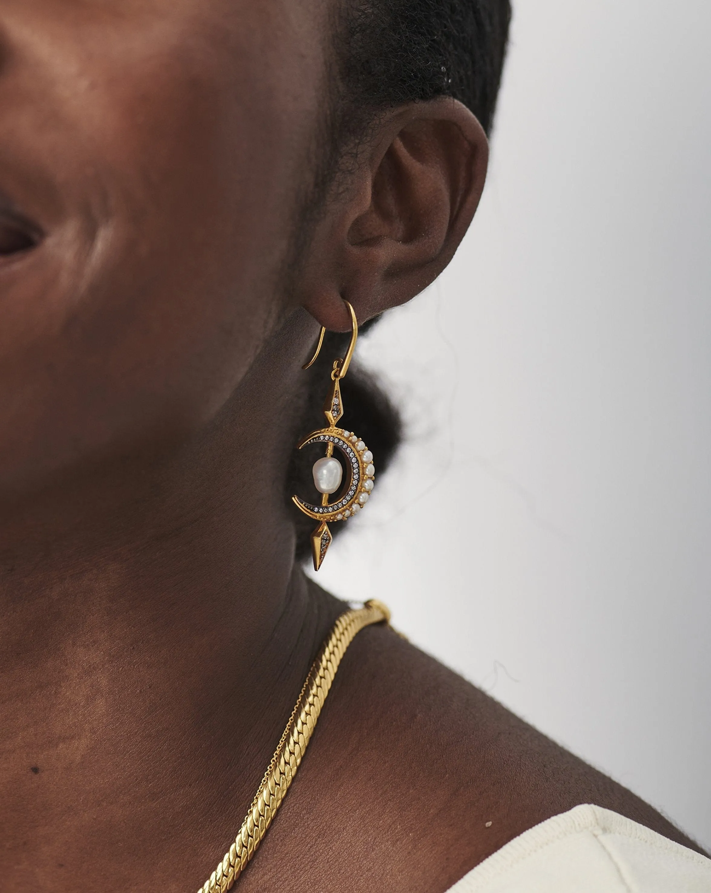 Harris Reed Crescent Moon Pearl Earrings | 18ct Gold Vermeil/Pearl
