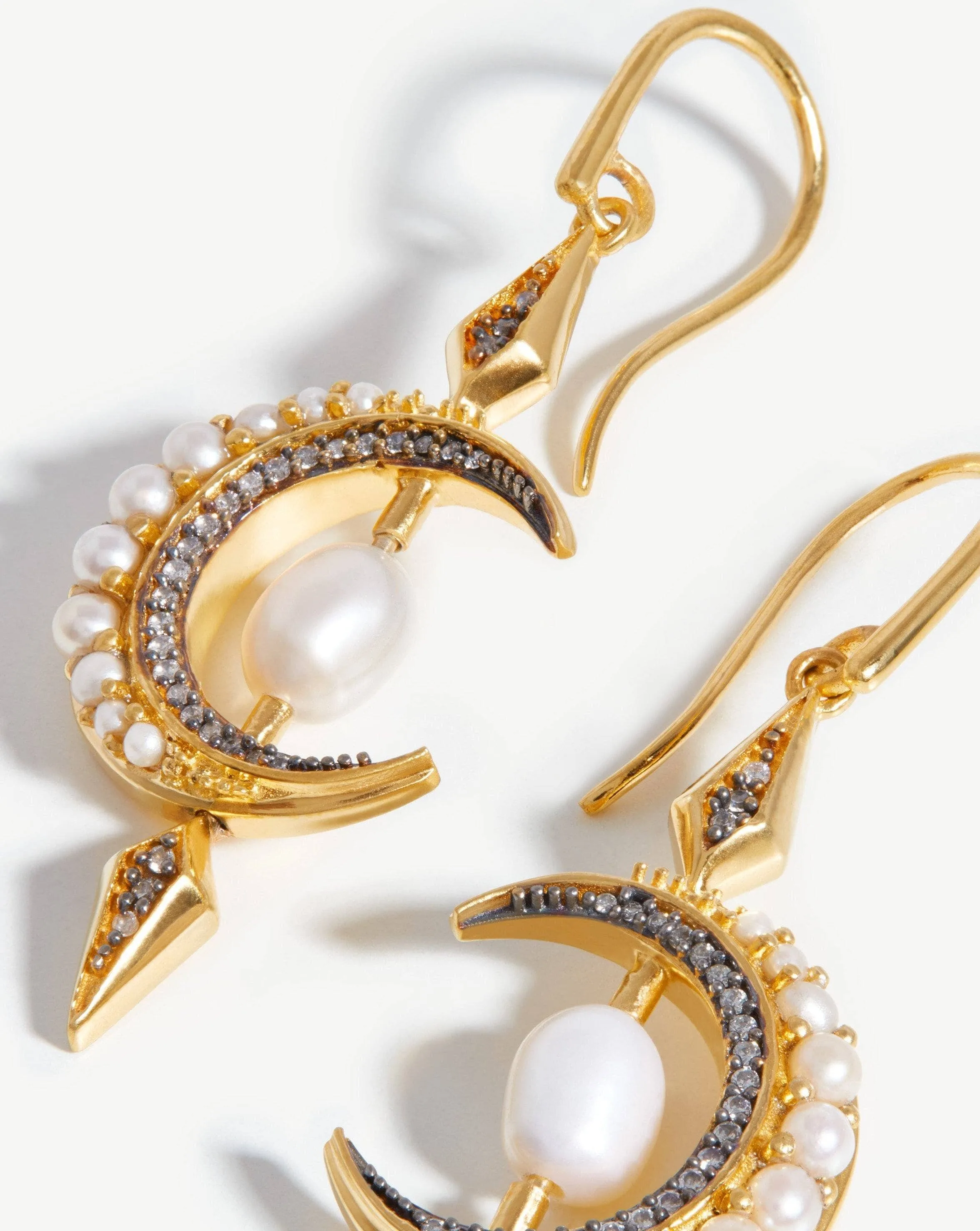 Harris Reed Crescent Moon Pearl Earrings | 18ct Gold Vermeil/Pearl