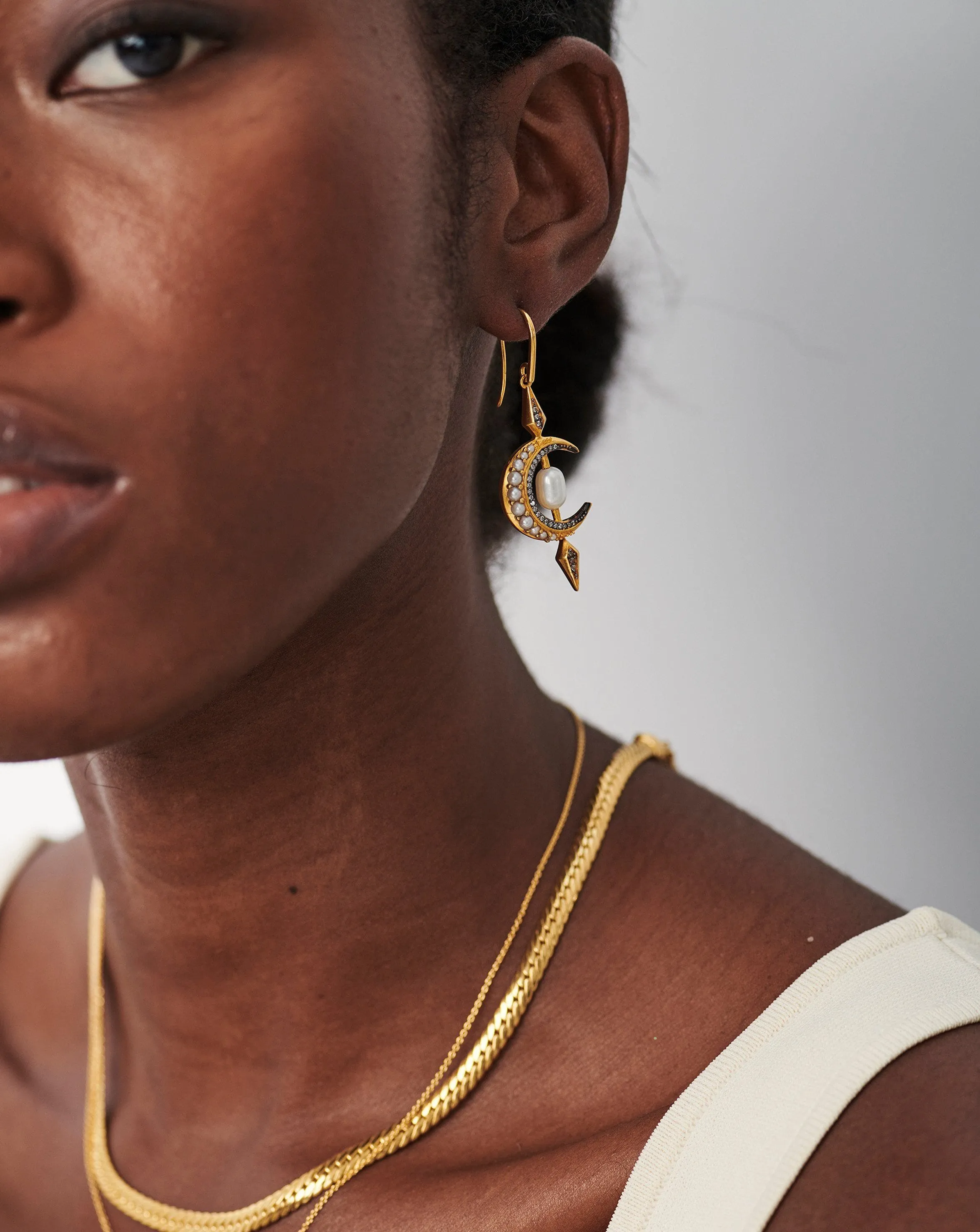 Harris Reed Crescent Moon Pearl Earrings | 18ct Gold Vermeil/Pearl